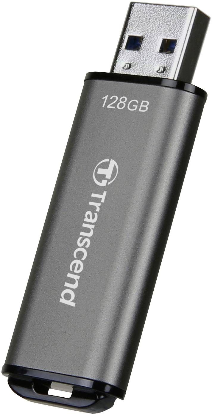 Srebrny pendrive Transcend o pojemności 128 GB.