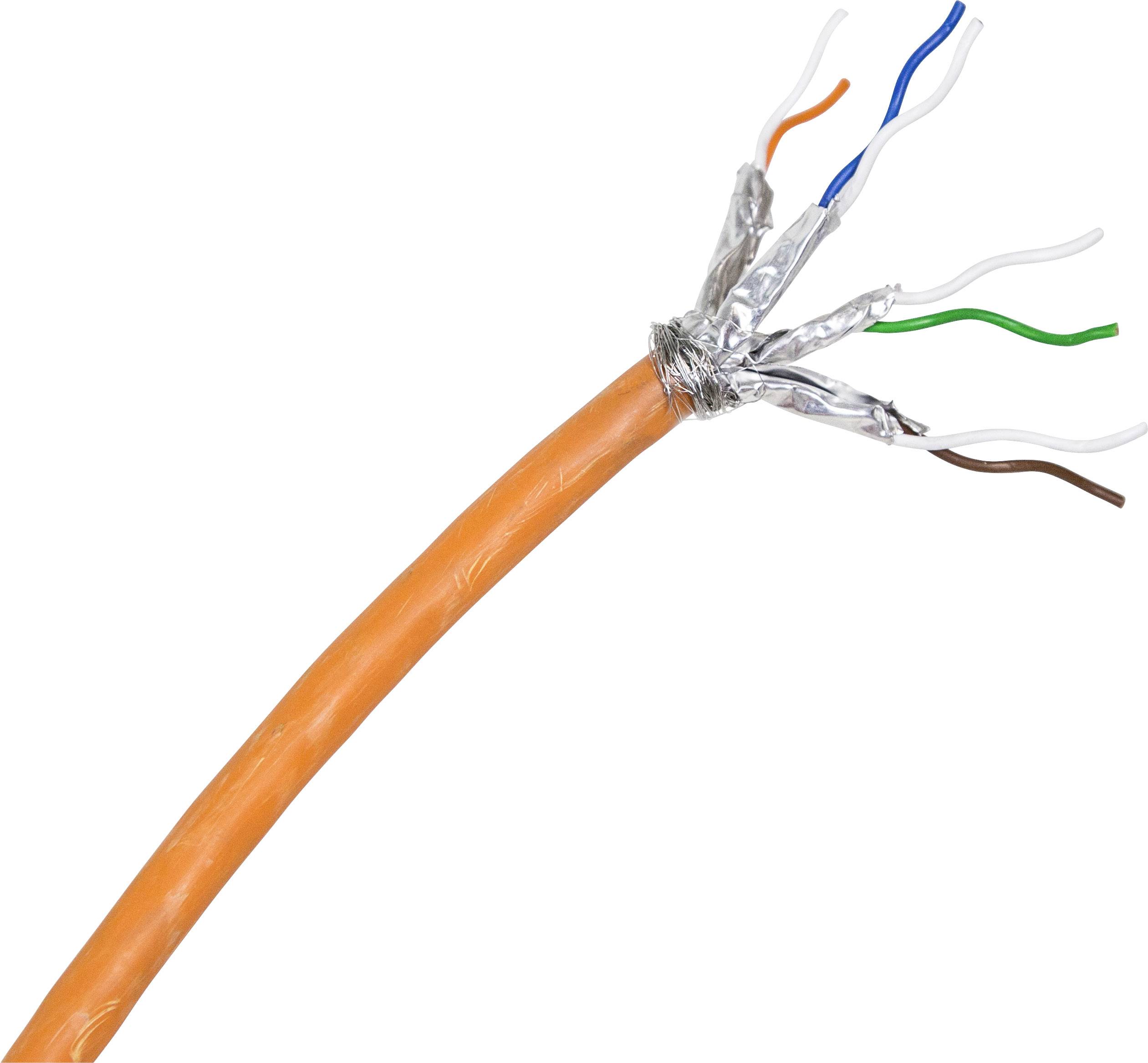 Pomarańczowy kabel Ethernet z odkrytymi, skręconymi żyłami w różnych kolorach (niebieski, biały, zielony, brązowy), bez wtyku.