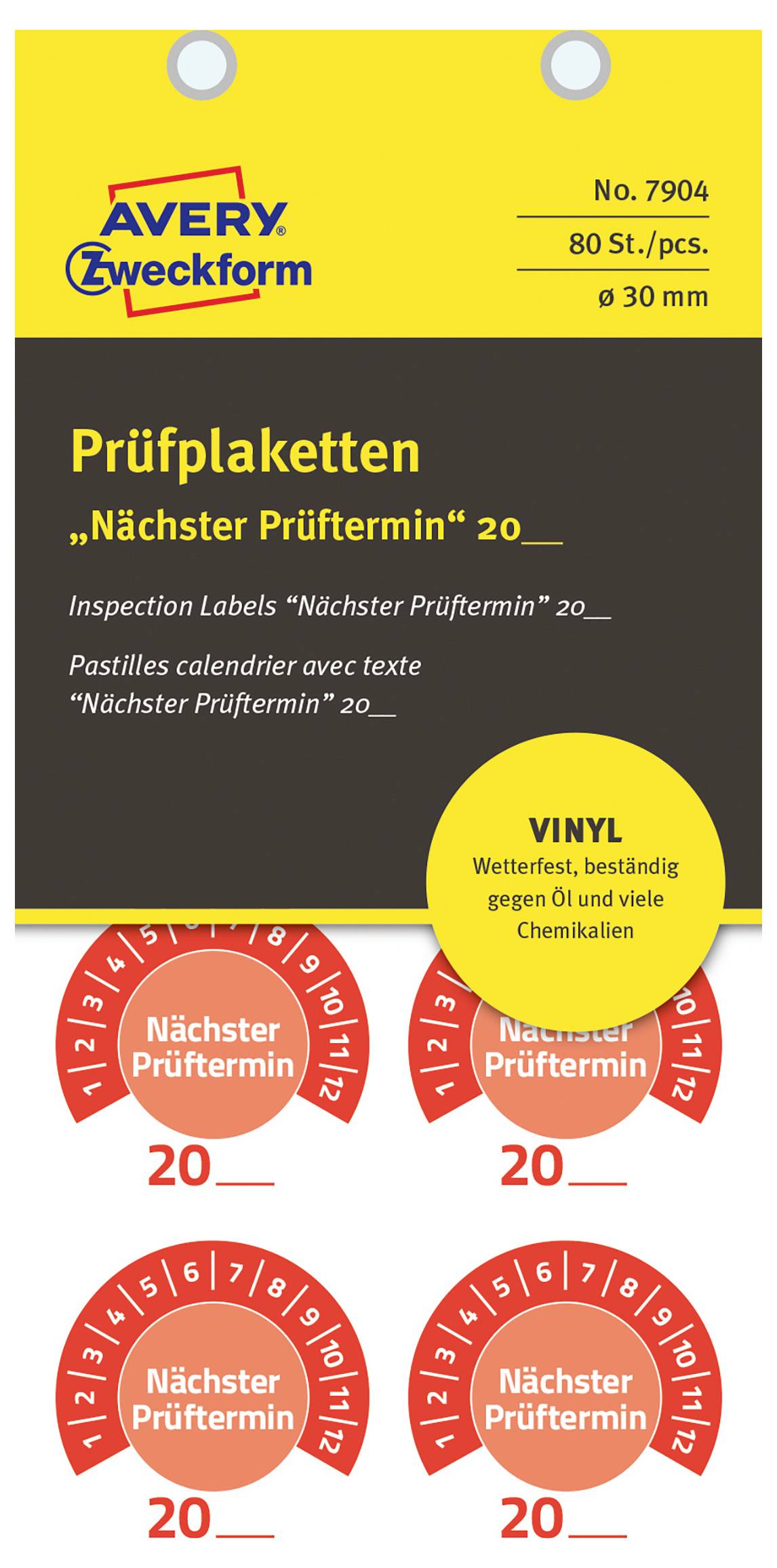 Avery-Zweckform 7904 Etykiety kontrolne Nächster Prüftermin 20__ 20XX czerwony folia samoprzylepna (Ø) 30 mm 30 mm 80 szt.