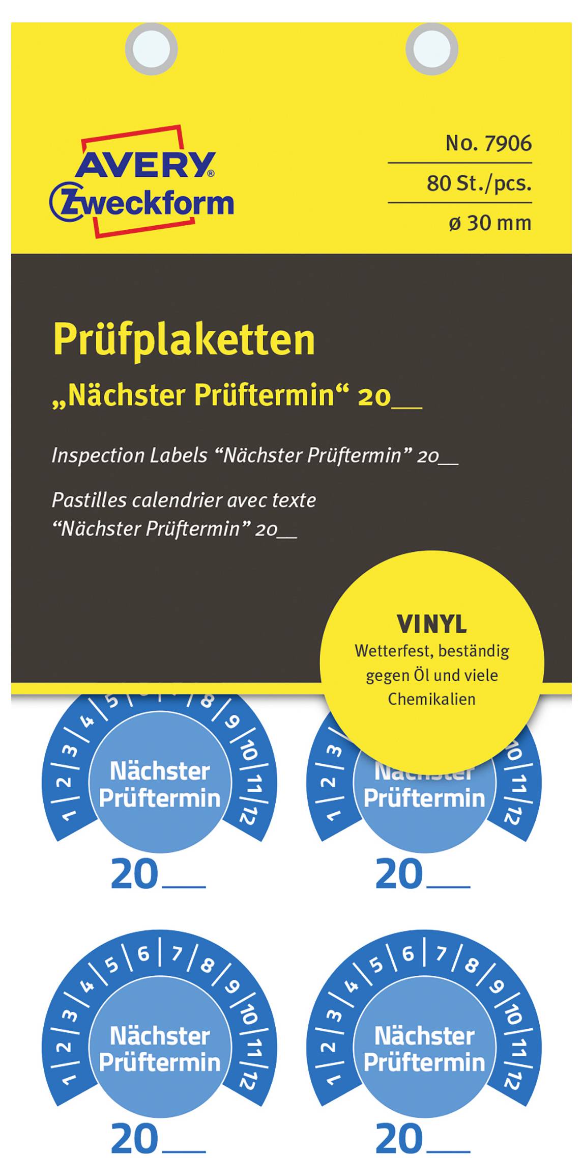 Etykiety kontrolne Avery Zweckform do opakowania "Nächster Prüftermin" 20, 80 samoprzylepnych etykiet winylowych, średnica 30 mm, w niebiesko-żółtym wzorze.