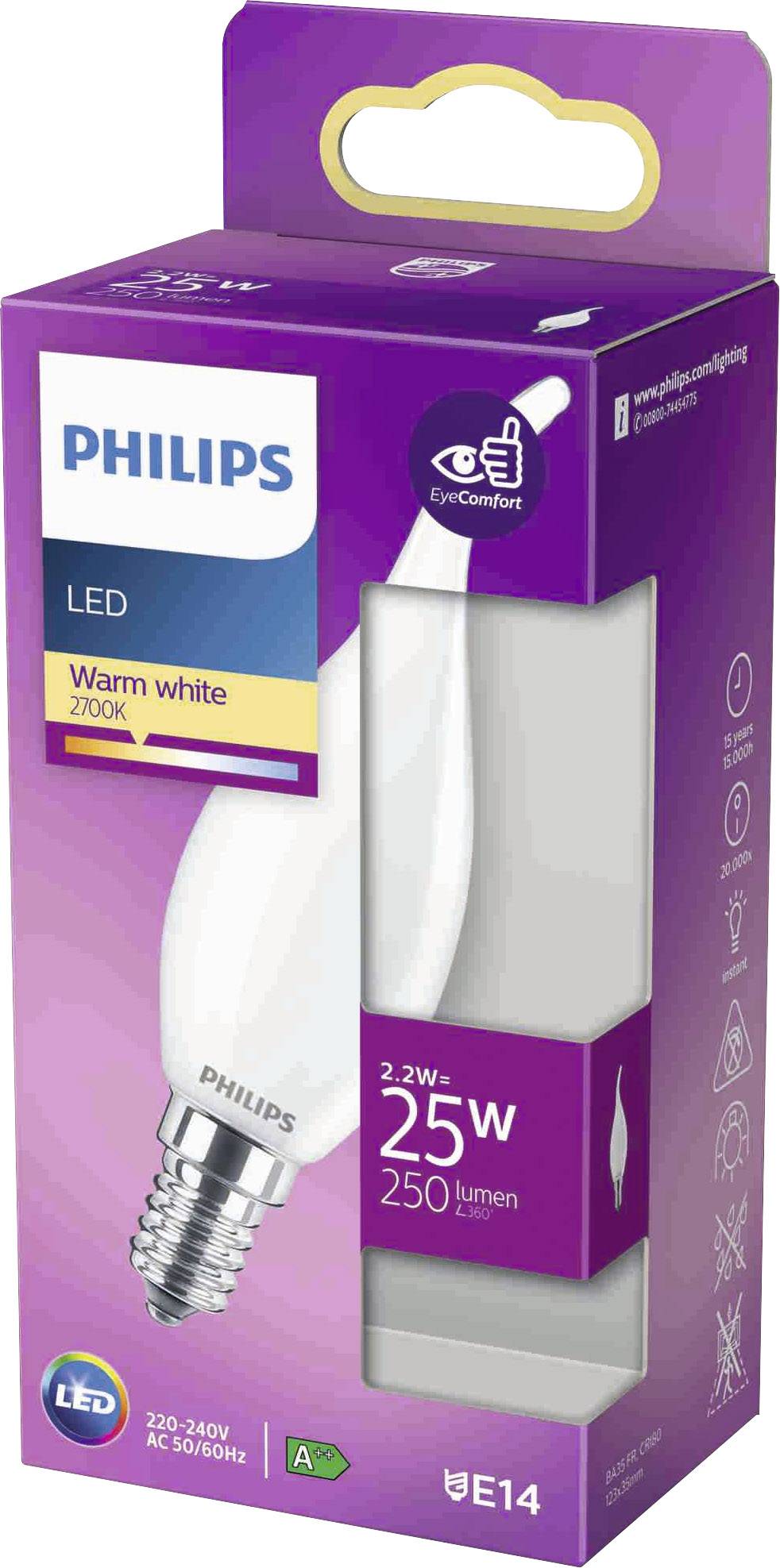 Opakowanie żarówki Philips LED pokazuje: etykietę efektywności energetycznej 'A+', 2,2W, odpowiednik 25W, 250 lumenów, ciepła biel 2700K, trzonek E14.