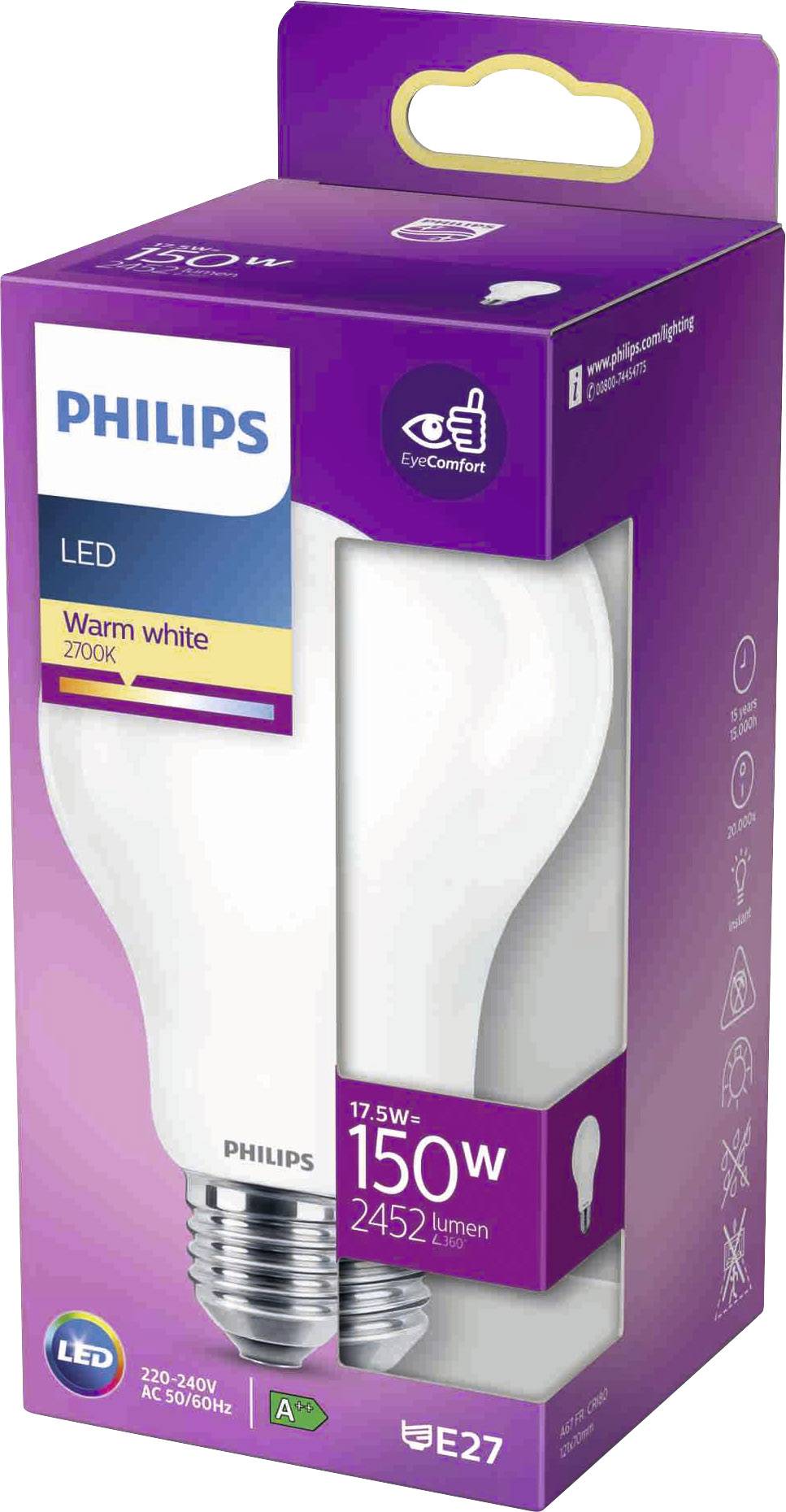 Żarówka LED Philips w ciepłej bieli (2700K), 17W-150W, 2452 lumenów, E27, z technologią EyeComfort w fioletowym opakowaniu.