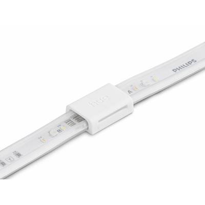 Zbliżenie paska LED Philips Hue z logo „hue" na białym klipsie, prezentujące różne diody LED i możliwości kolorystyczne.