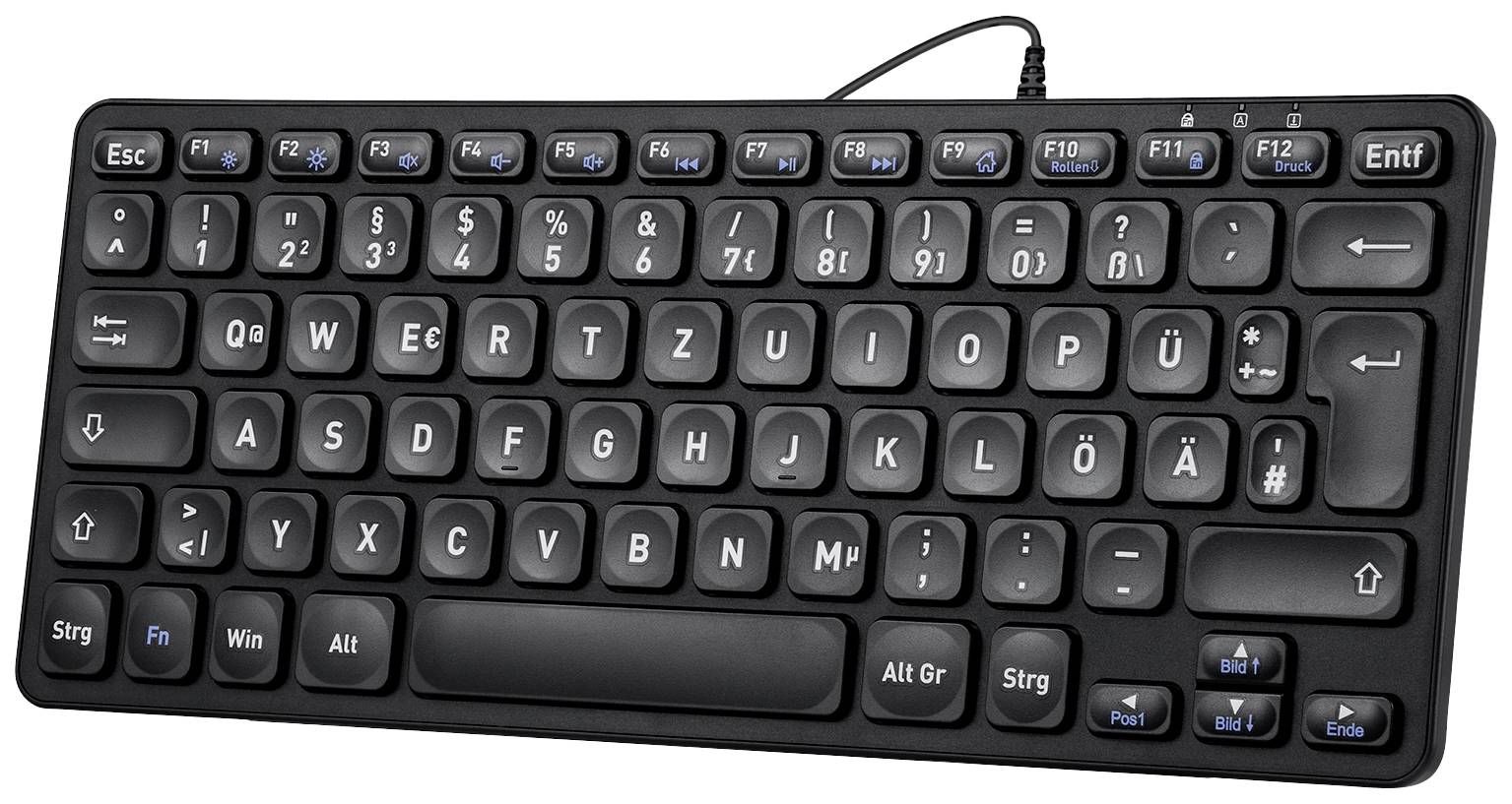 Czarna klawiatura QWERTZ z układem niemieckim, z wieloma klawiszami funkcyjnymi i podłączeniem przewodowym, idealna do kompaktowych przestrzeni roboczych.