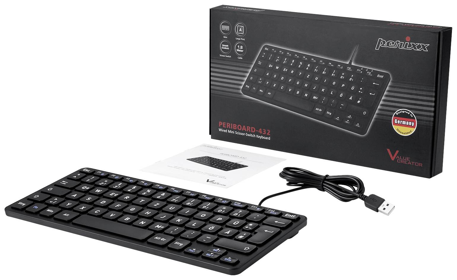 Obraz przedstawia czarną klawiaturę USB obok jej opakowania i instrukcji obsługi. Na opakowaniu widnieje nazwa 'Periboard-432'.