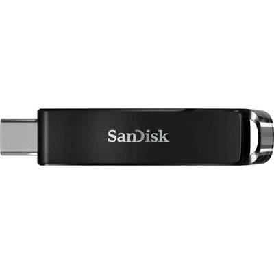 Czarny pendrive SanDisk z interfejsem USB-C, przeznaczony do przechowywania danych na komputerach i innych urządzeniach.
