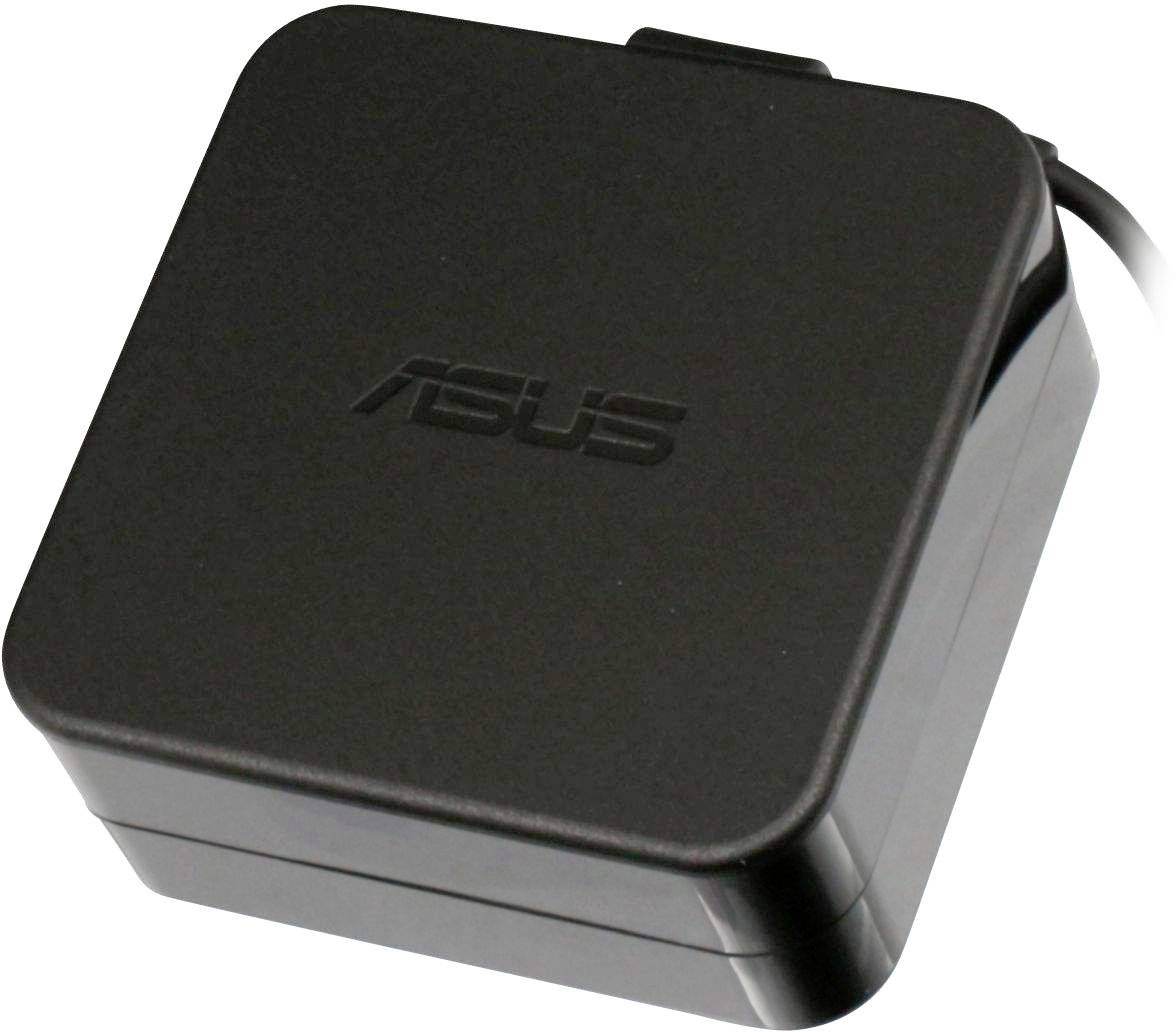 Kwadratowy, czarny zasilacz z logo 'Asus' na wierzchu. Z boku wystaje przewód.
