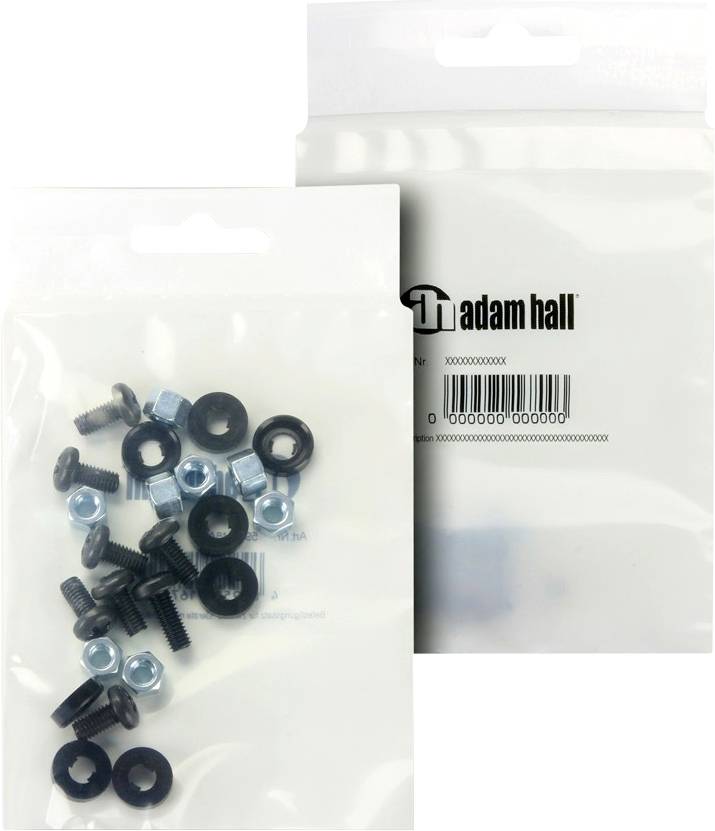 Opakowanie śrub, nakrętek i podkładek firmy 'Adam Hall'. Na przedniej stronie widoczne są części, z tyłu znajduje się kod kreskowy i numer artykułu.