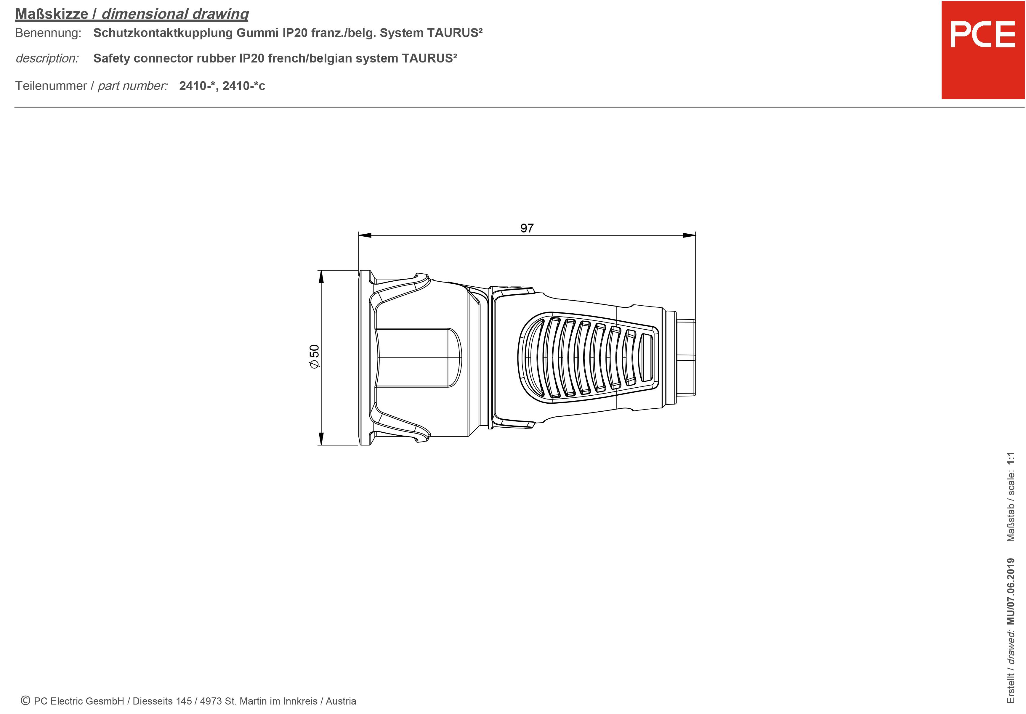 'Rysunek techniczny złącza gumowego z uziemieniem, IP20, system francusko-belgijski, typ Taurus. Długość: 97 mm, szerokość: 50 mm.'