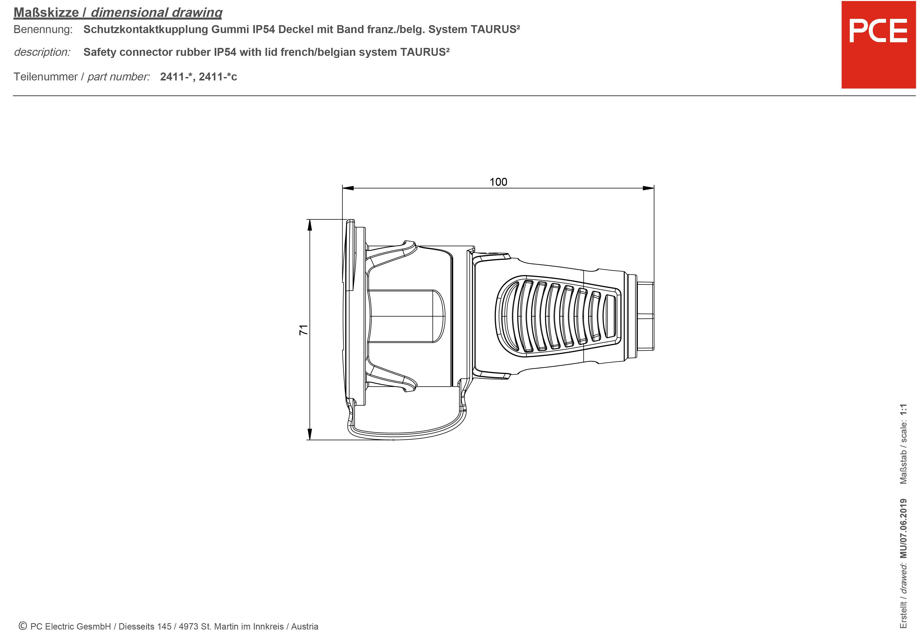 Rysunek techniczny obudowy złącza z bolcem ochronnym z gumą, pokrywą i paskiem. System "TAURUS" z ochroną IP54. Wymiary w mm.