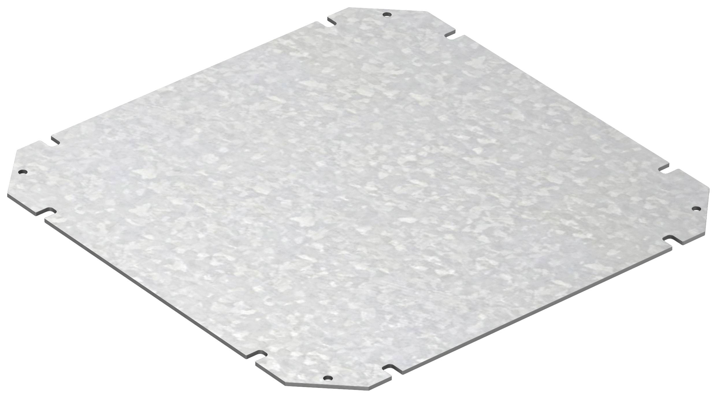 Metalowa płyta z zaokrąglonymi narożnikami i małymi wgłębieniami po każdej stronie. Matowa, szara, nierównomierna powierzchnia.