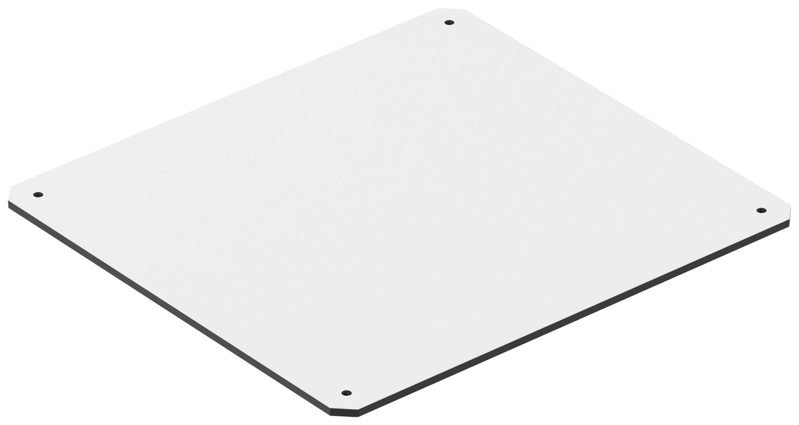 Biała, kwadratowa deska z zaokrąglonymi rogami i małymi otworami w każdym rogu.