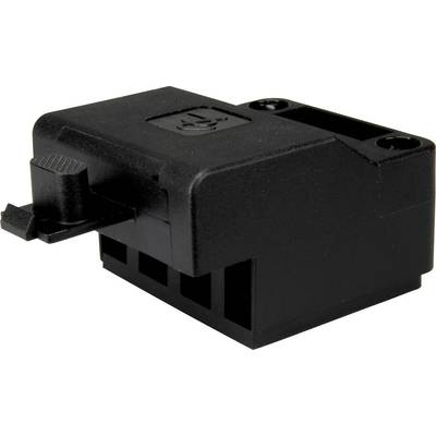 Czarna plastikowa część o prostokątnym kształcie z wieloma gniazdami. Wygląda na element elektroniczny.