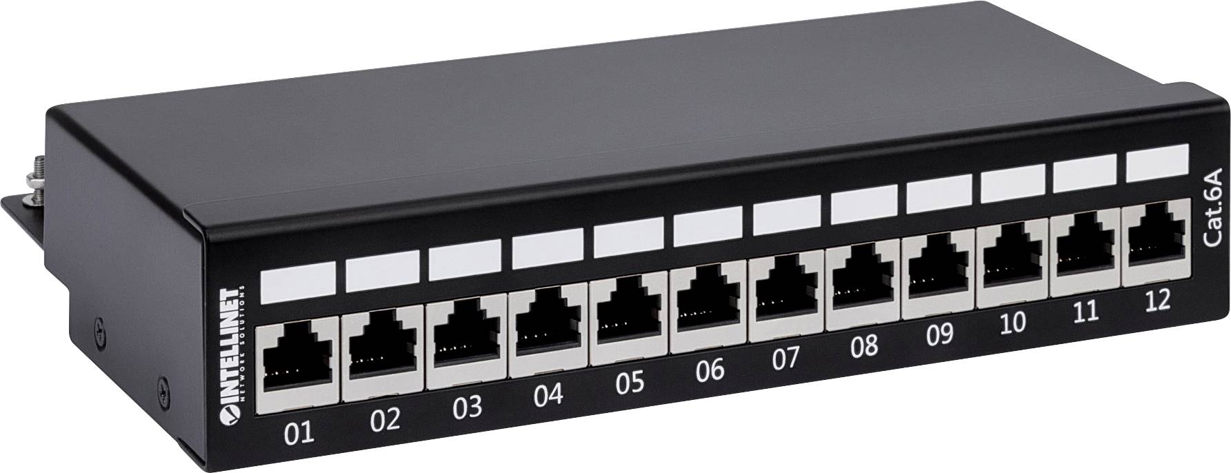 Panel krosowniczy sieci z 12 portami Ethernet, numerowanymi od 01 do 12. Oznaczenie: Cat6A.