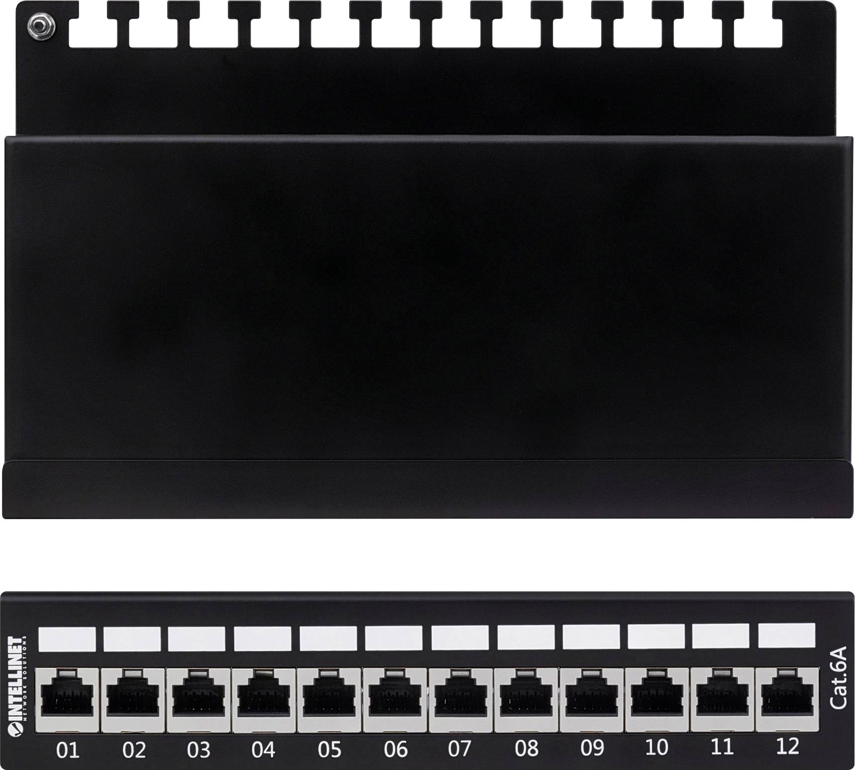 Czarna płyta przełączająca (patch panel) z 12 gniazdami Ethernet, ponumerowanymi od 01 do 12. Powyżej znajdują się pola do opisywania.