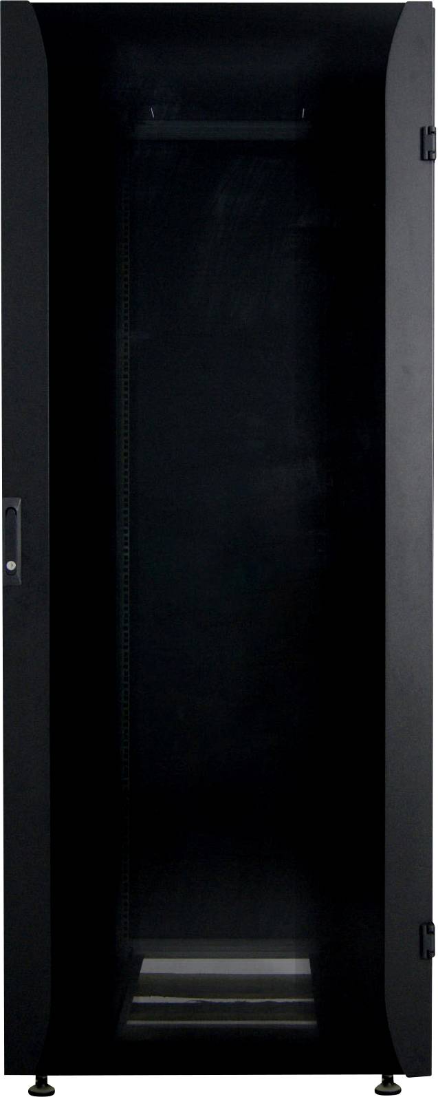 Czarna szafa serwerowa z przezroczystymi drzwiami z hartowanego szkła, widoczne puste wnętrze.