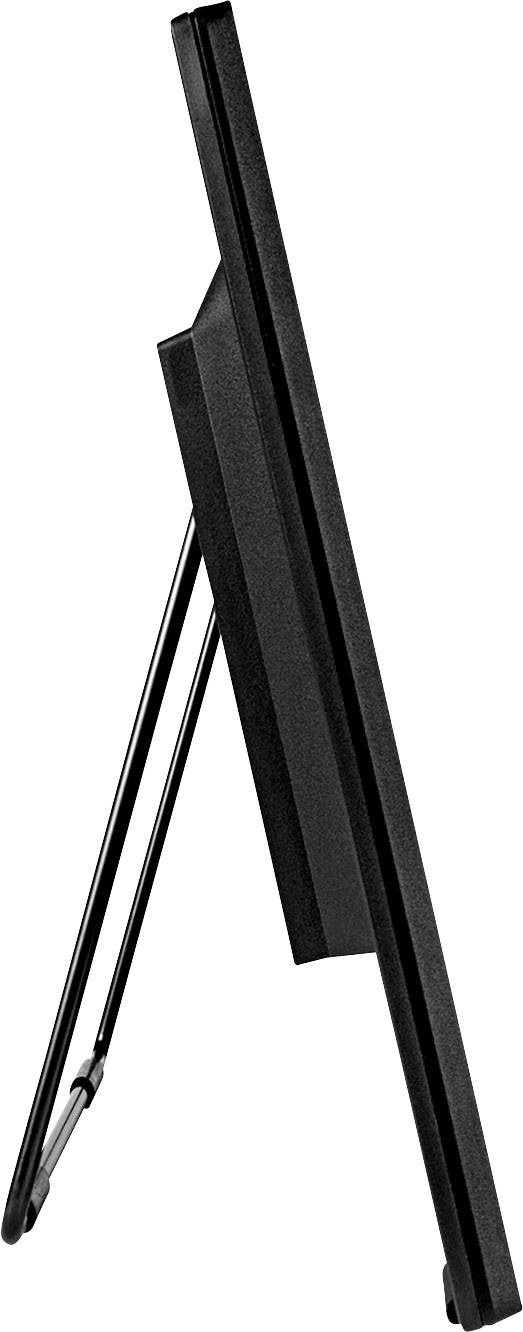 Widok z boku nowoczesnego czarnego monitora komputerowego ze stopką. Minimalistyczny design, cienka ramka.