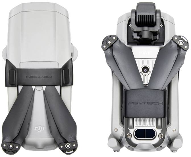 Szara dron ze złożonymi wirnikami, widok z góry i z dołu.