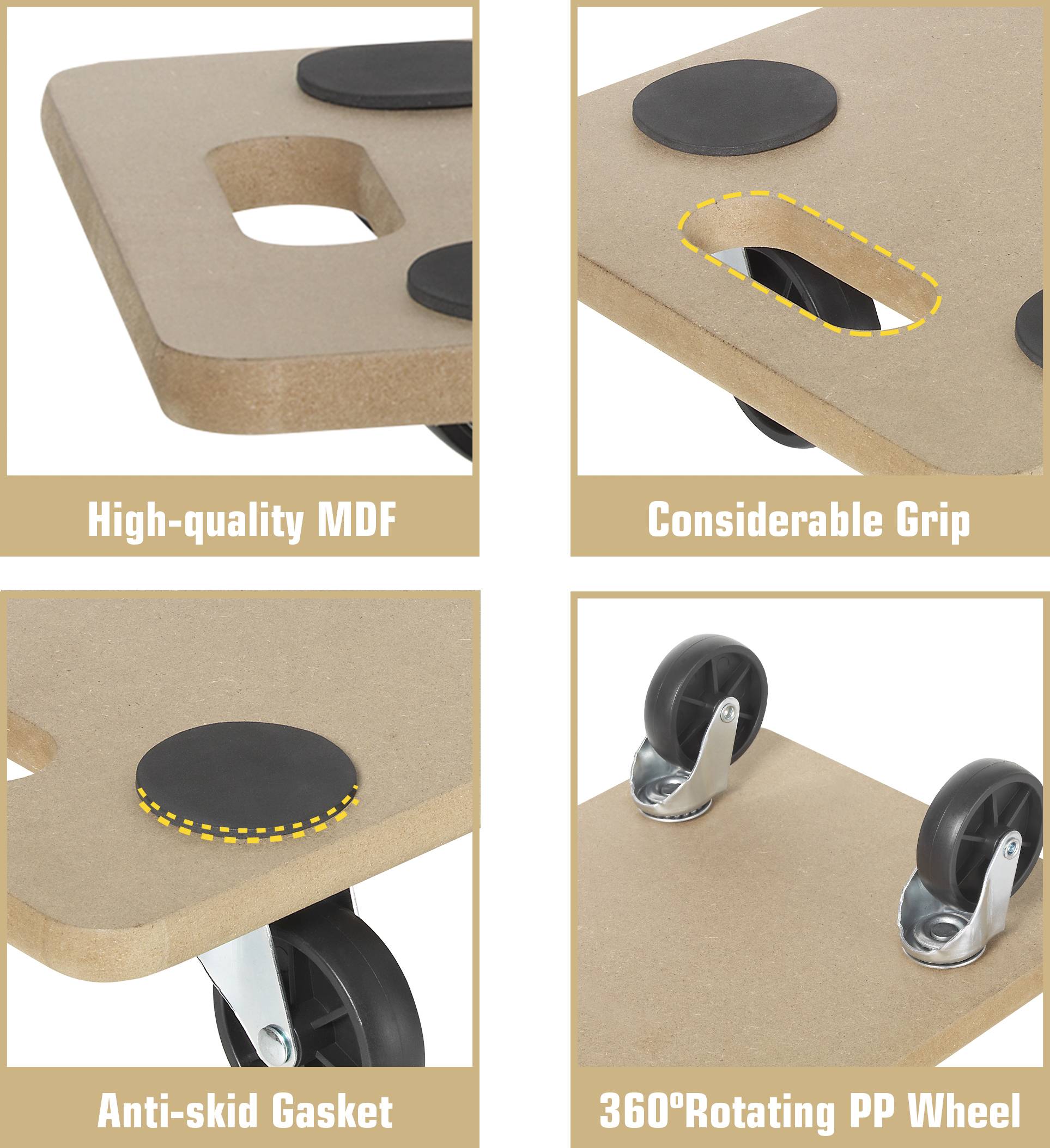 Cztery szczegółowe ilustracje wózka transportowego: płyta MDF z uchwytem i podkładką antypoślizgową oraz kółkami obrotowymi wykonanymi z polipropylenu.