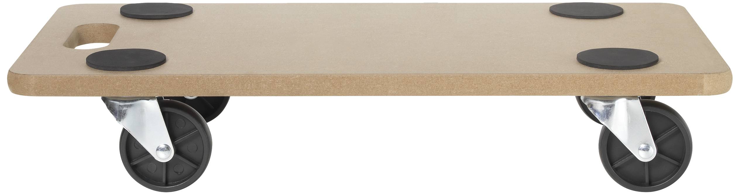 Płaska wózka transportowa z czterema czarnymi kółkami i czarną antypoślizgową powierzchnią, przeznaczona do przewożenia ciężkich przedmiotów.