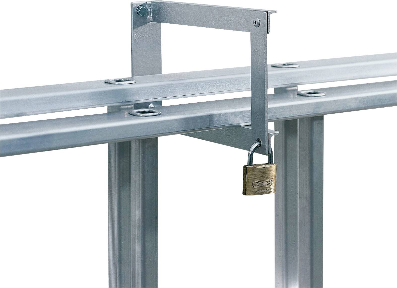 Metalowa konstrukcja szynowa z kłódką przymocowaną do haka, prezentuje zabezpieczone urządzenie.