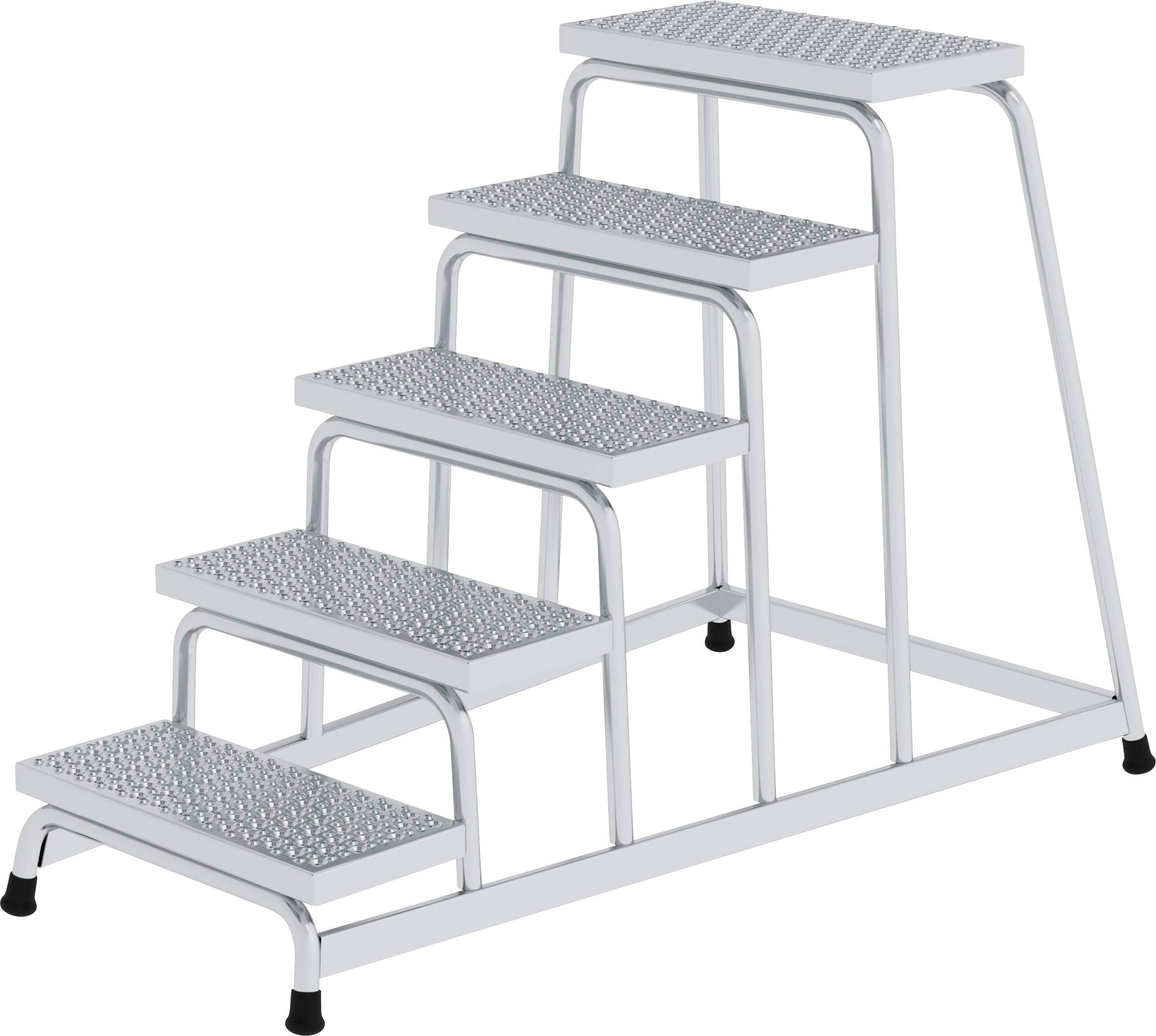 Srebrne metalowe schody z pięcioma antypoślizgowymi stopniami, prowadzące w górę. Stosowane do bezpiecznego dostępu do podwyższonych obszarów.