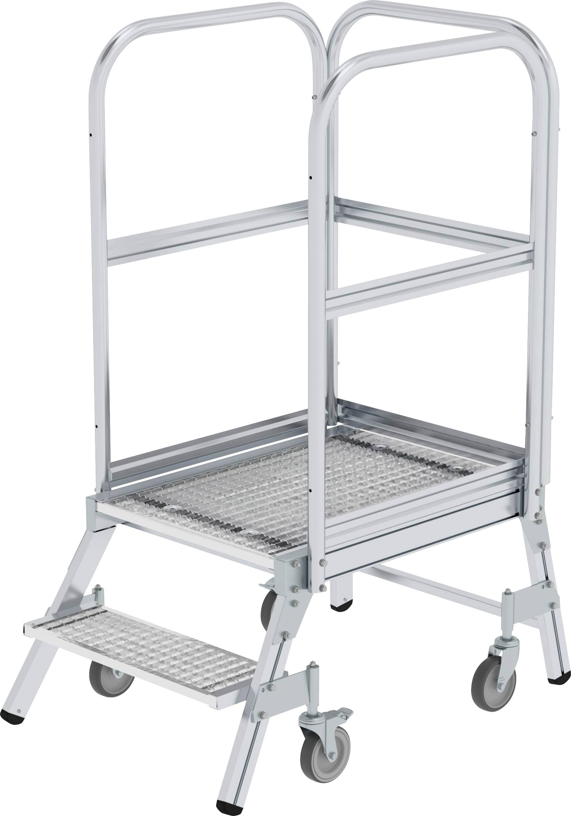 Mobilna, metalowa drabina podestowa z dwoma stopniami, czterema kółkami i poręczą dla zwiększonego bezpieczeństwa. Idealna do prac magazynowych.