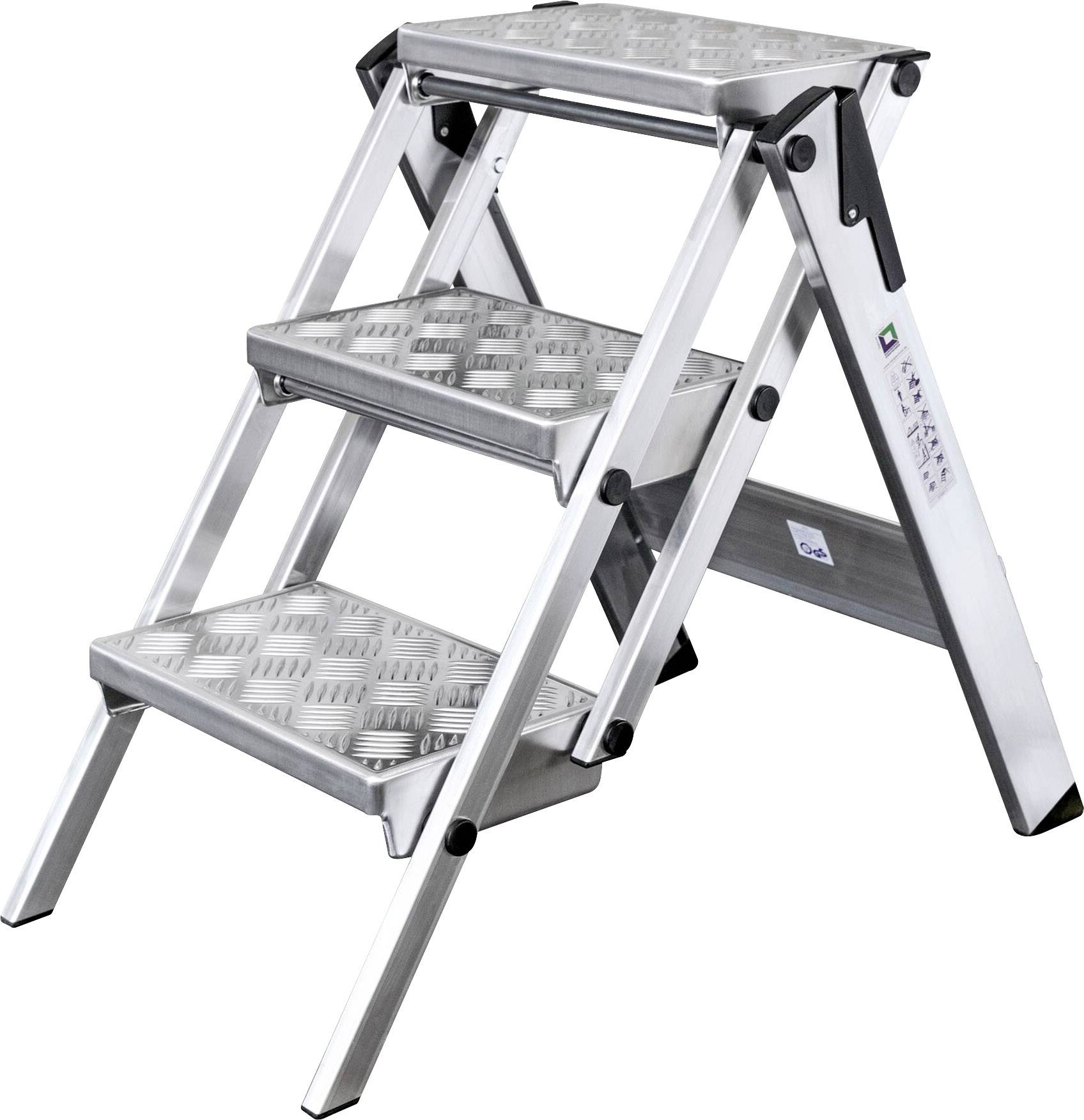 Trzypoziomowa, składana drabina aluminiowa w kolorze srebrnym z antypoślizgowymi stopniami, idealna zarówno dla majsterkowiczów, jak i profesjonalistów.