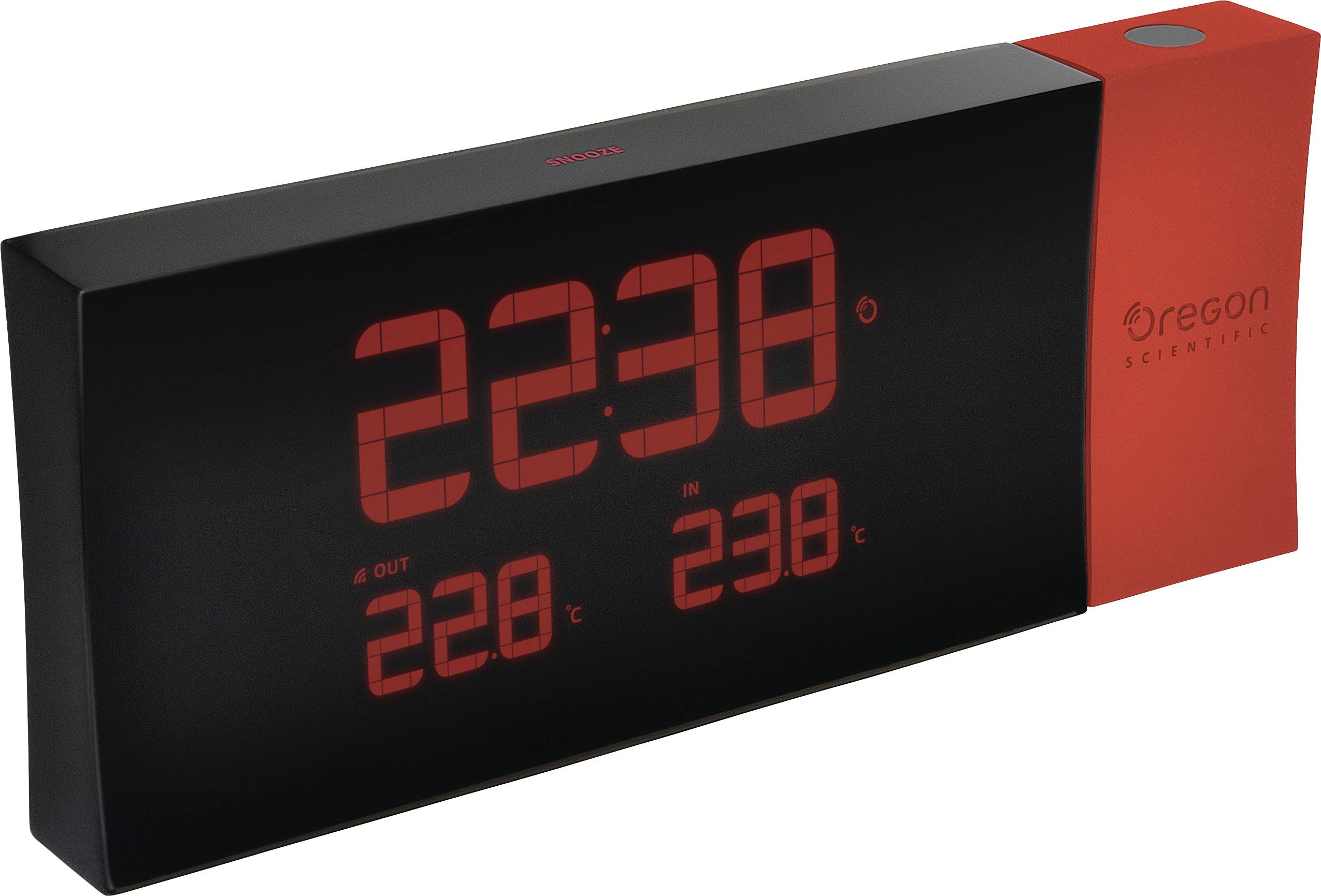 Elektroniczny zegar z czerwonym wyświetlaczem LED pokazuje '22:30'. Temperatura na zewnątrz 22,8°C, temperatura wewnątrz 23,8°C.