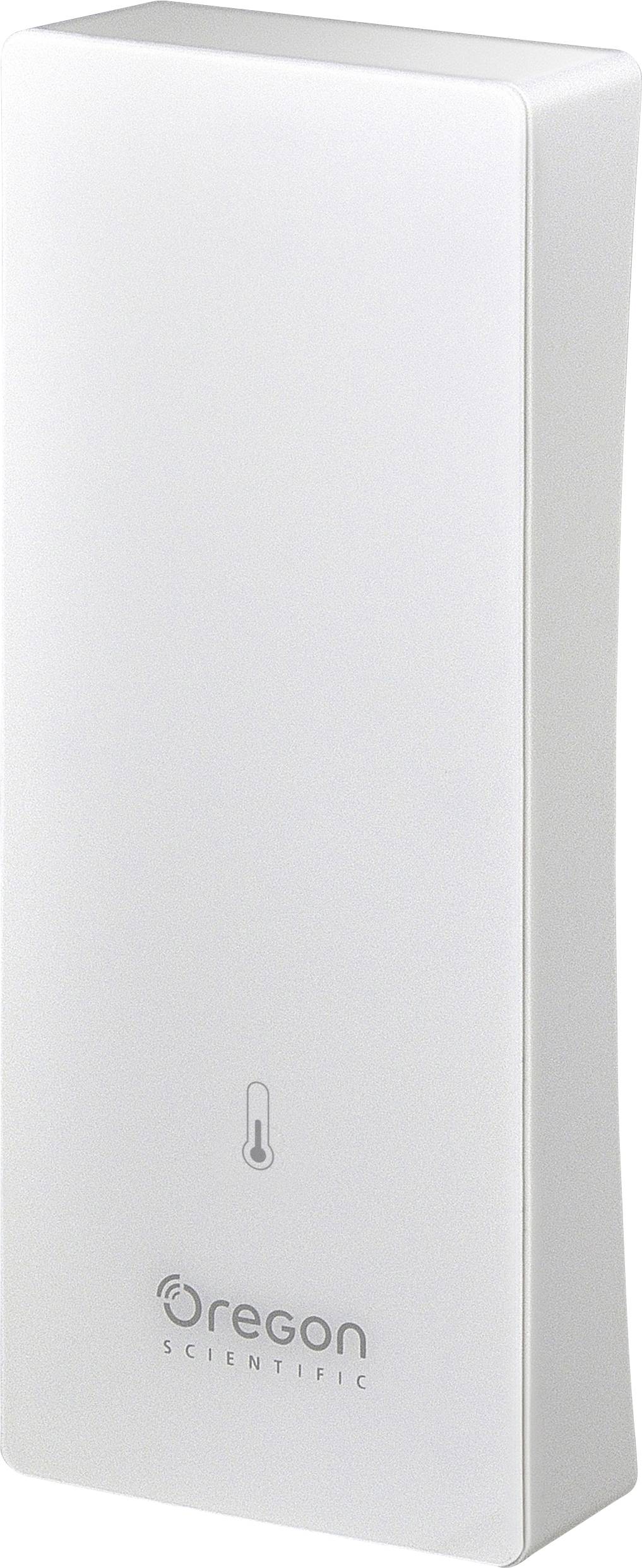 Prostokątny, biały czujnik temperatury firmy Oregon Scientific z symbolem termometru na przedniej stronie.