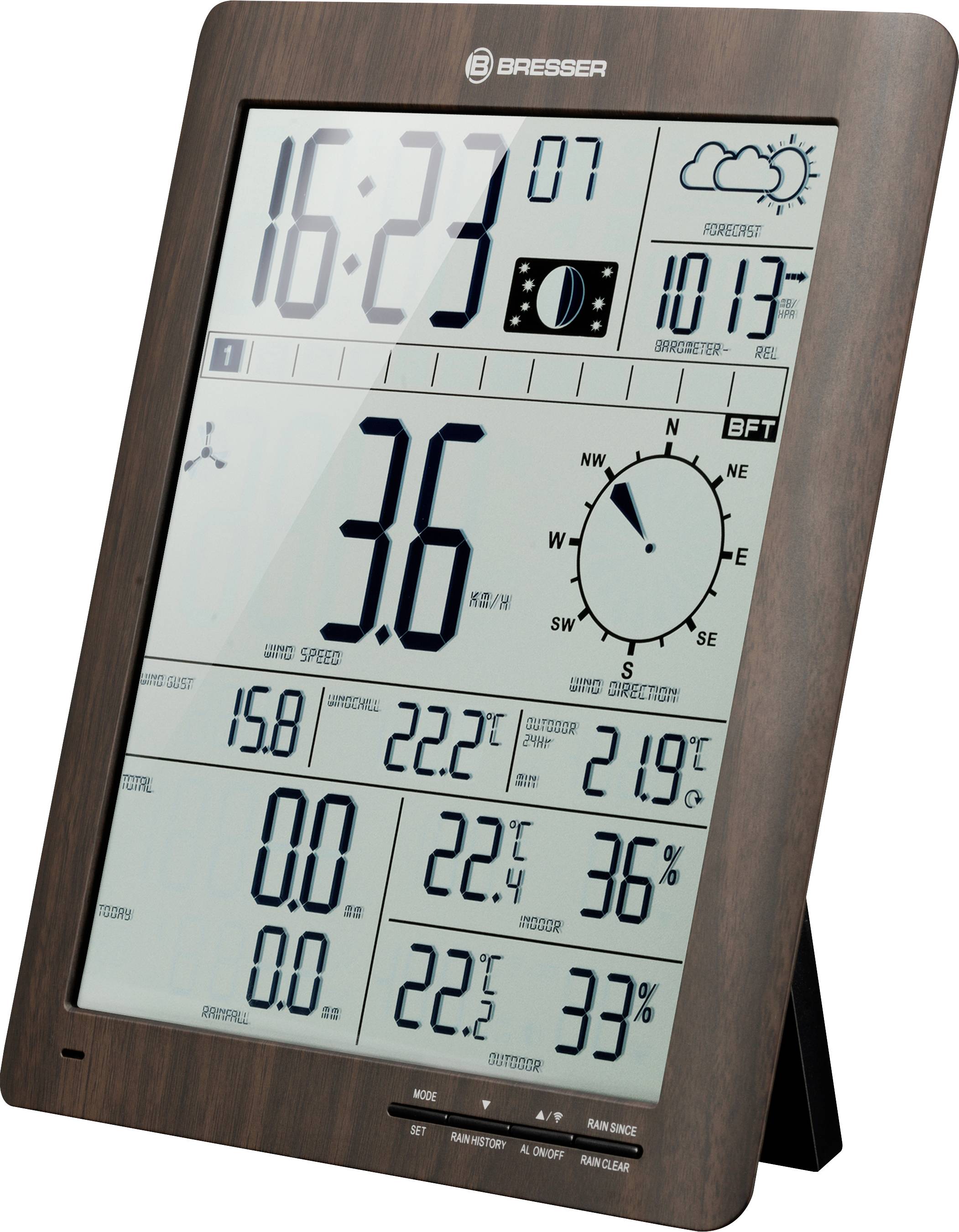 Elektroniczna stacja meteorologiczna z wyświetlaczem. Pokazuje czas, datę, temperaturę wewnętrzną, temperaturę zewnętrzną, ciśnienie atmosferyczne, prędkość wiatru i kierunek wiatru.