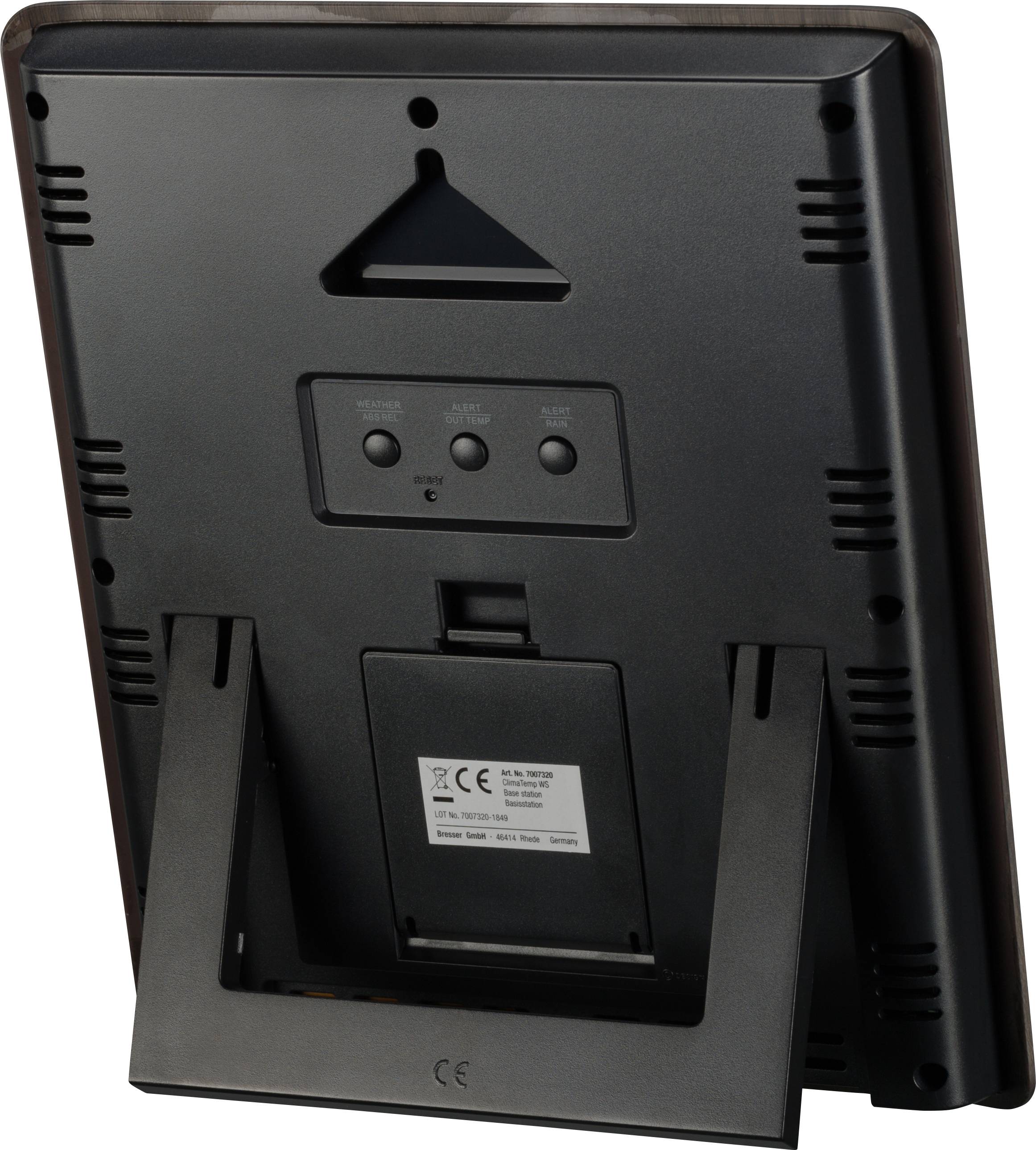 Elektroniczny ramka na zdjęcia widziana od tyłu z podstawką i mocowaniem ściennym. Widoczne są przyciski, złącza i znak CE.