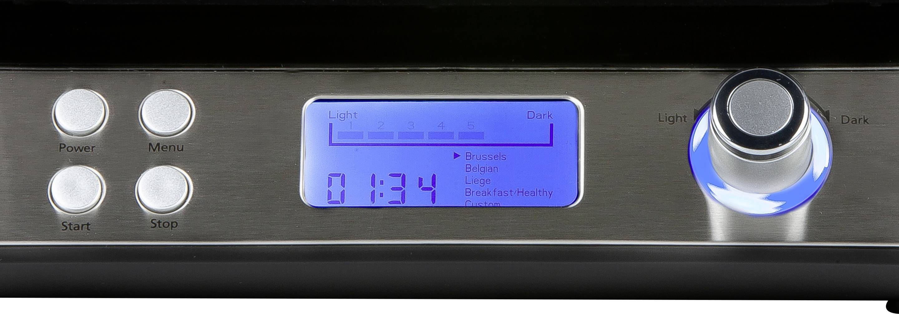 Elektroniczny panel sterujący z niebieskim wyświetlaczem pokazuje czas pieczenia wynoszący 1:34 minuty, po prawej stronie znajduje się pokrętło do regulacji ustawień.