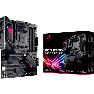 Płyta główna ASUS ROG Strix B550-F Gaming obok opakowania. Czarna z różowymi akcentami LED. Zorientowana na gaming, kompatybilna z procesorami Ryzen.