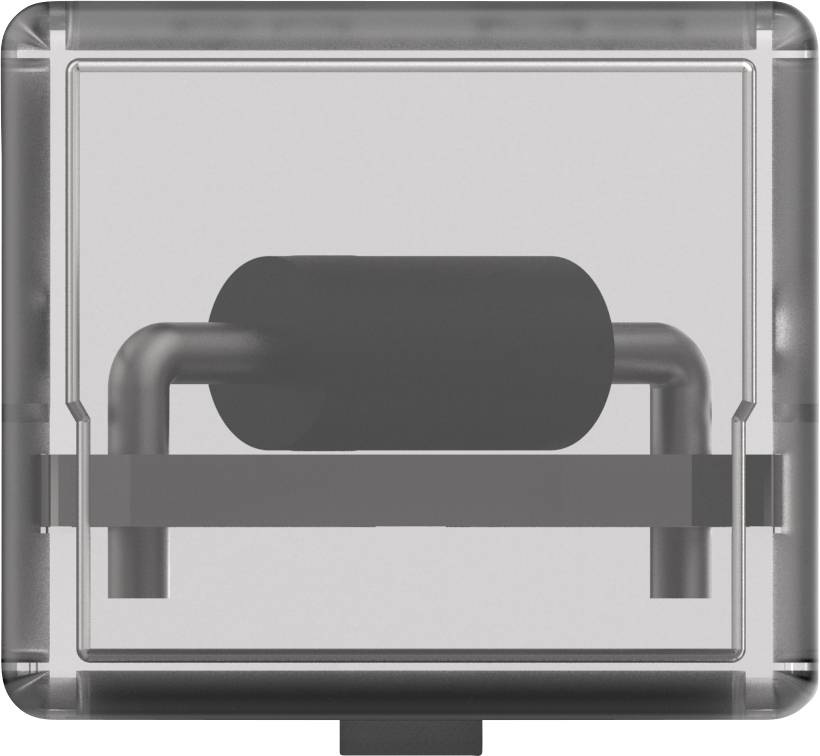 Przezroczysty pojemnik z tworzywa sztucznego zawiera ciemną, cylindryczną rolkę podtrzymywaną przez metalowy pręt.