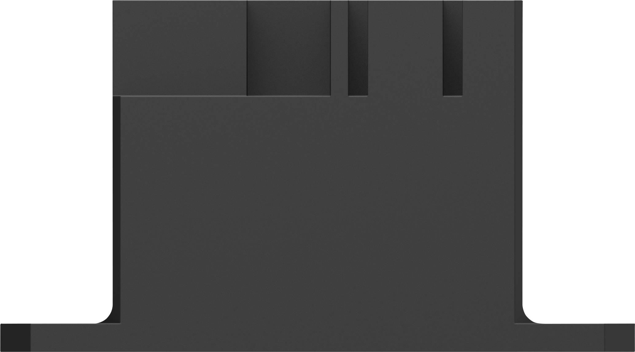 Czarny element wykonany z tworzywa sztucznego z prostokątnymi i okrągłymi wgłębieniami, które mogą służyć jako mocowania.