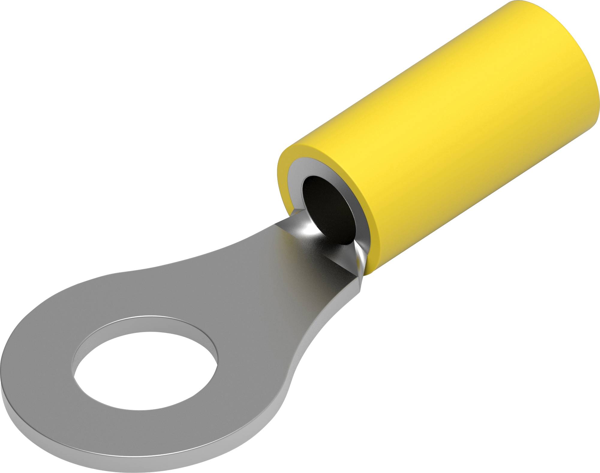 Żółty końcówka kablowa pierścieniowa z metalowym pierścieniem i izolacją z tworzywa sztucznego, stosowana do bezpiecznego mocowania przewodów przy punktach przyłączeniowych.