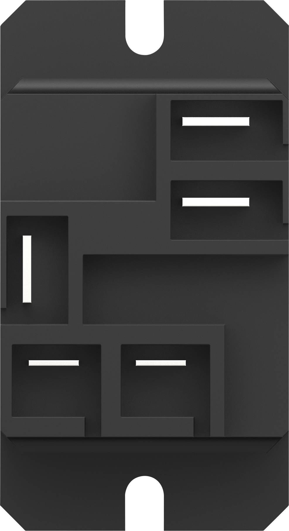 Czarny organizator z wieloma prostokątnymi przegródkami o różnych rozmiarach, przeznaczony do przechowywania małych przedmiotów.