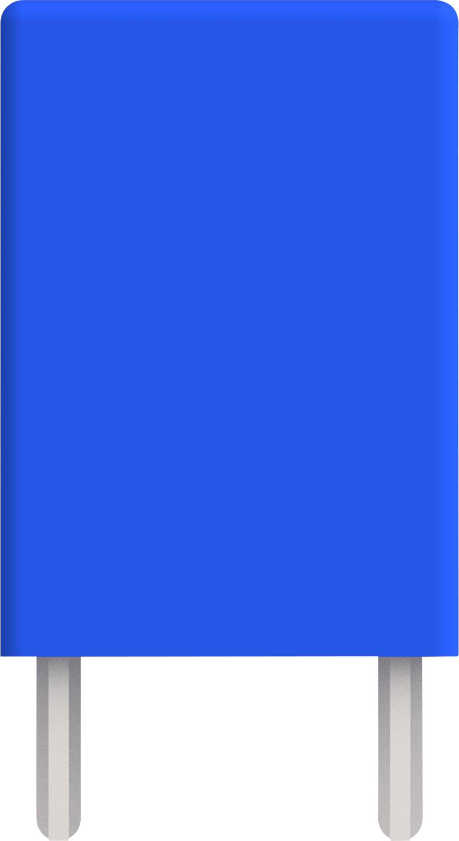 Niebieski kondensator z dwoma metalowymi stykami, umieszczony pionowo. Element elektroniczny stosowany w obwodach i do magazynowania energii.