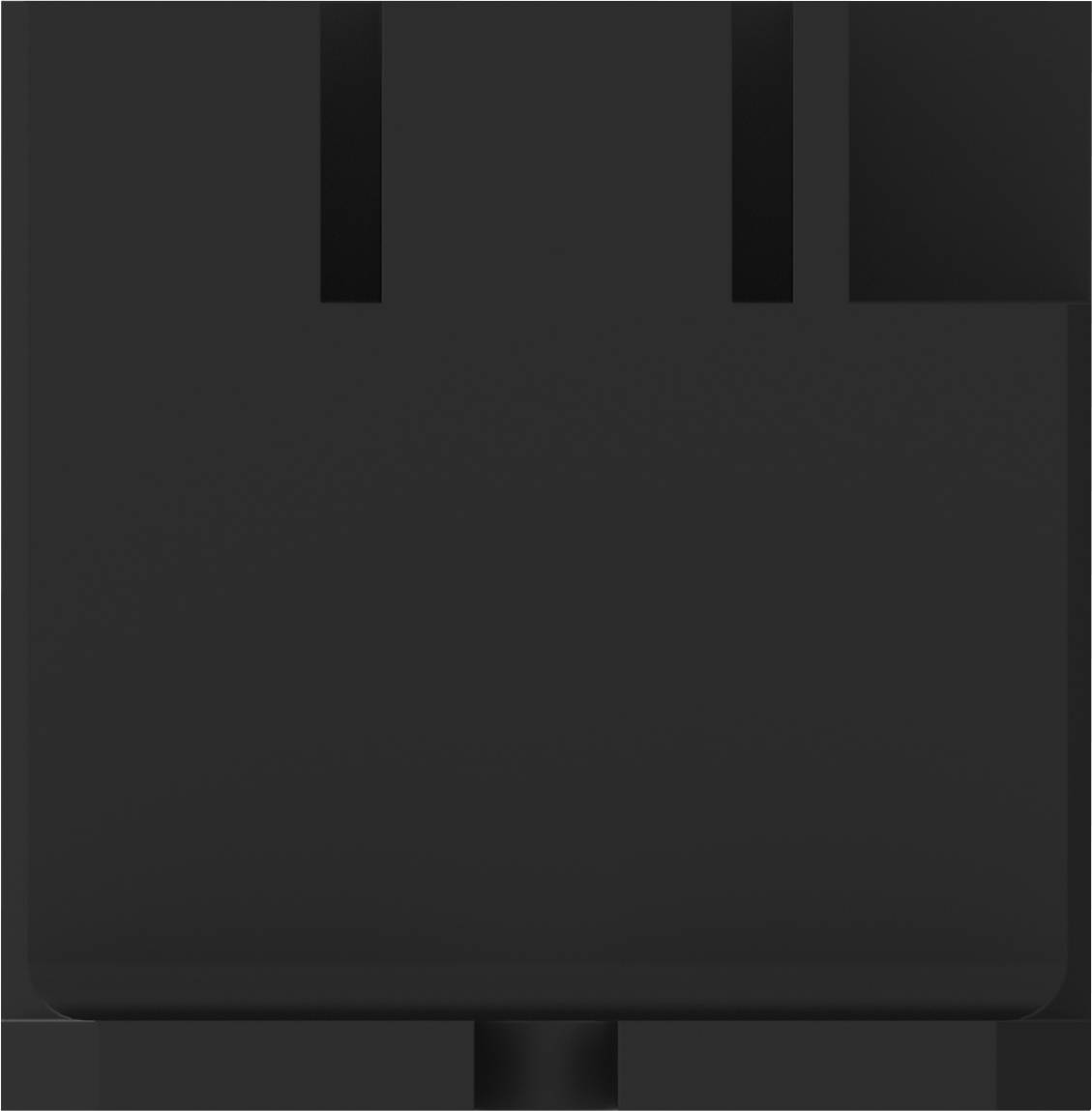 Obraz przedstawia czarny, abstrakcyjny, prostokątny obiekt z dwiema równoległymi rowkami w górnej części.