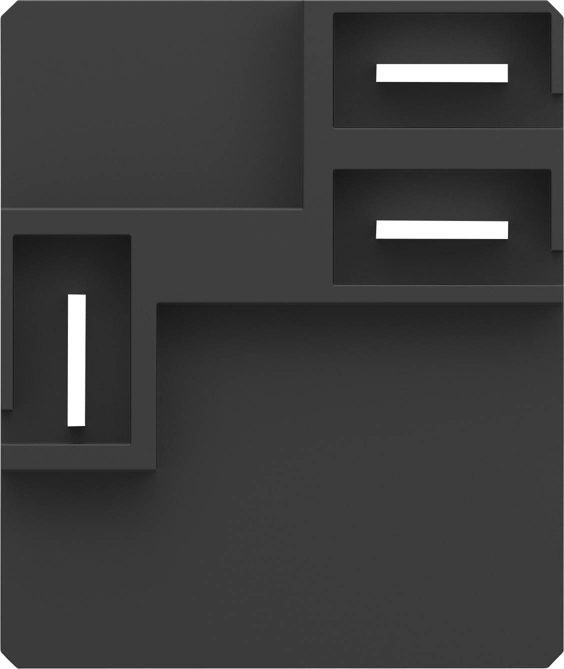 Czarna półka ścienna z asymetrycznymi przegrodami i pionowymi białymi listwami. Nowoczesny design, minimalistyczna estetyka.