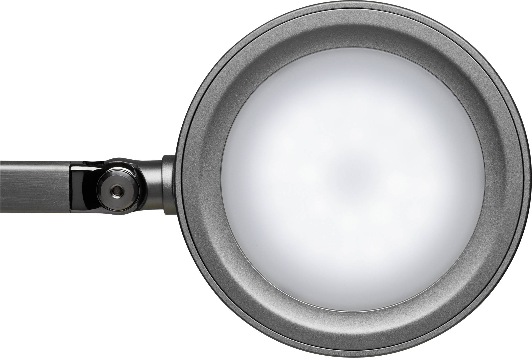 Okrągła, srebrna lampa LED z czarnym ramieniem, widok z góry. Idealna do precyzyjnego oświetlenia w strefach roboczych.