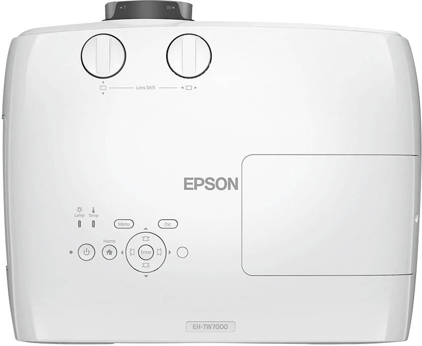 Projektor widziany z góry, z różnymi elementami sterującymi i logo marki pośrodku. Numer modelu: EH-TW7000.