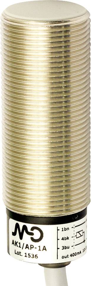 Cylindryczny czujnik zbliżeniowy metalowy z przewodem przyłączeniowym, model AK/AP-1A, przeznaczony do zastosowań przemysłowych.