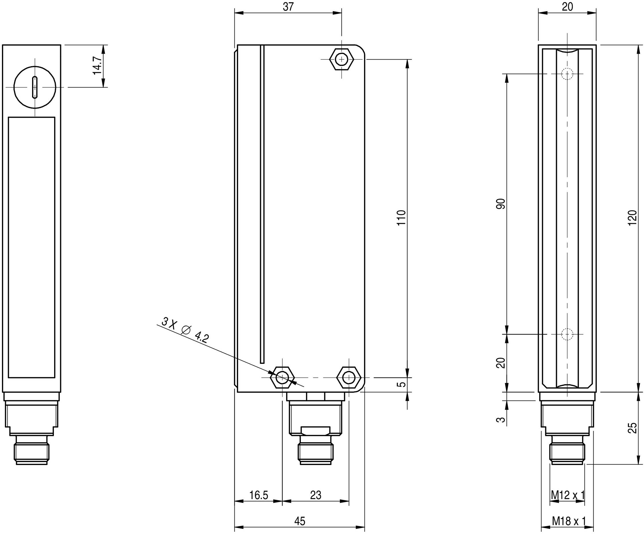 Rysunek techniczny prostokątnej obudowy ze szczegółowymi wymiarami w milimetrach, w tym otworami i przyłączami.