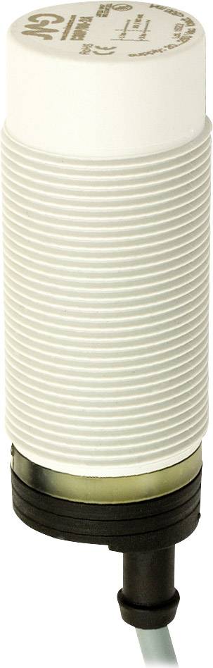 Cylindryczny czujnik zbliżeniowy z gwintem z tworzywa sztucznego i złączem kablowym od spodu, stosowany do wykrywania obiektów i ich pozycji.