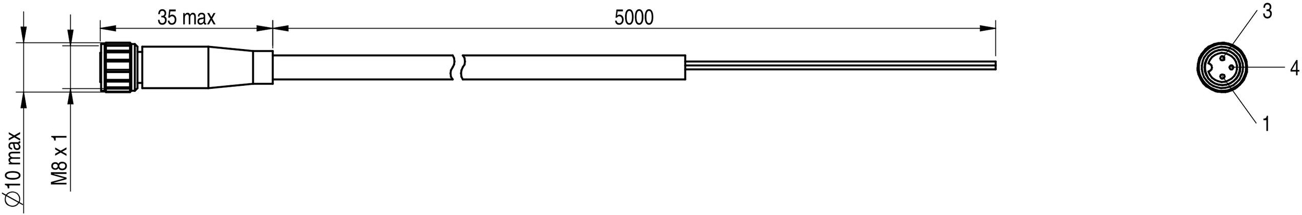 Rysunek techniczny cylindrycznego wtyczki z przewodem o długości pięciu metrów i trzyprzewodowym podłączeniem. Wymiary: średnica 10 mm, gwint M8.