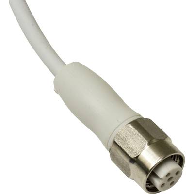 Białowy kabel połączeniowy z okrągłym metalowym wtykiem, prawdopodobnie do urządzeń elektronicznych.