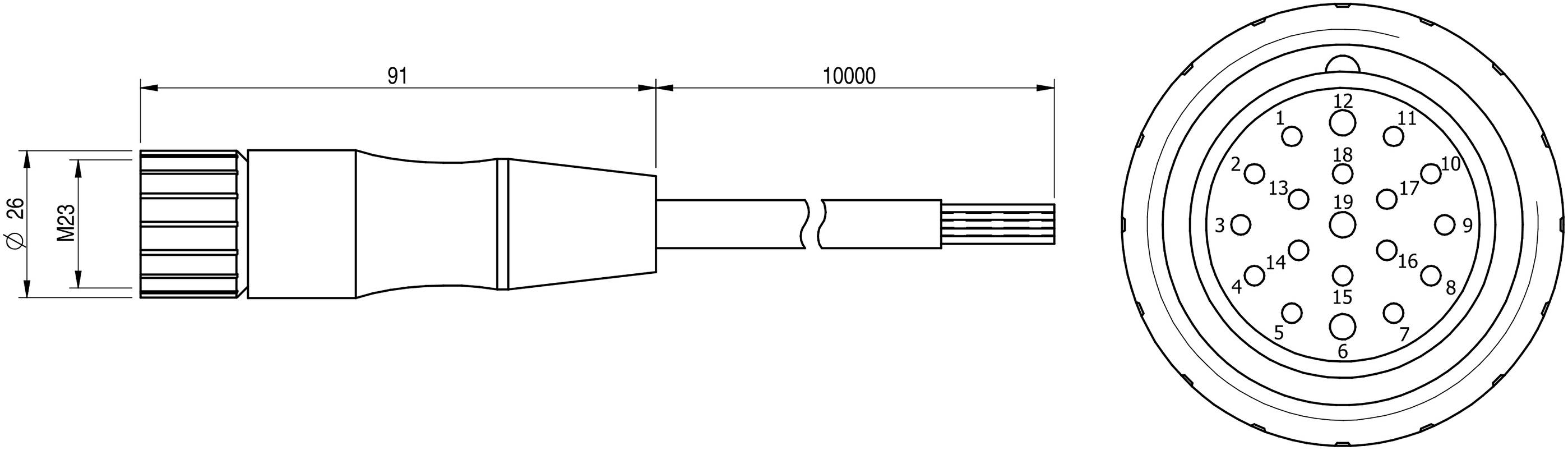 Rysunek techniczny wtyczki z wymiarami: długość 91 mm, całkowita długość 10.000 mm, średnica 42 mm, z 14 gniazdami.