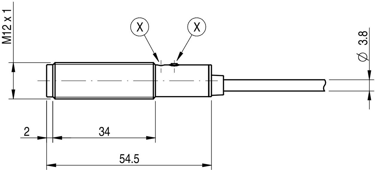 Rysunek techniczny cylindrycznego elementu z wymiarami: długość całkowita 54,5 mm, średnica 3,8 mm, gwint M12 x 1.